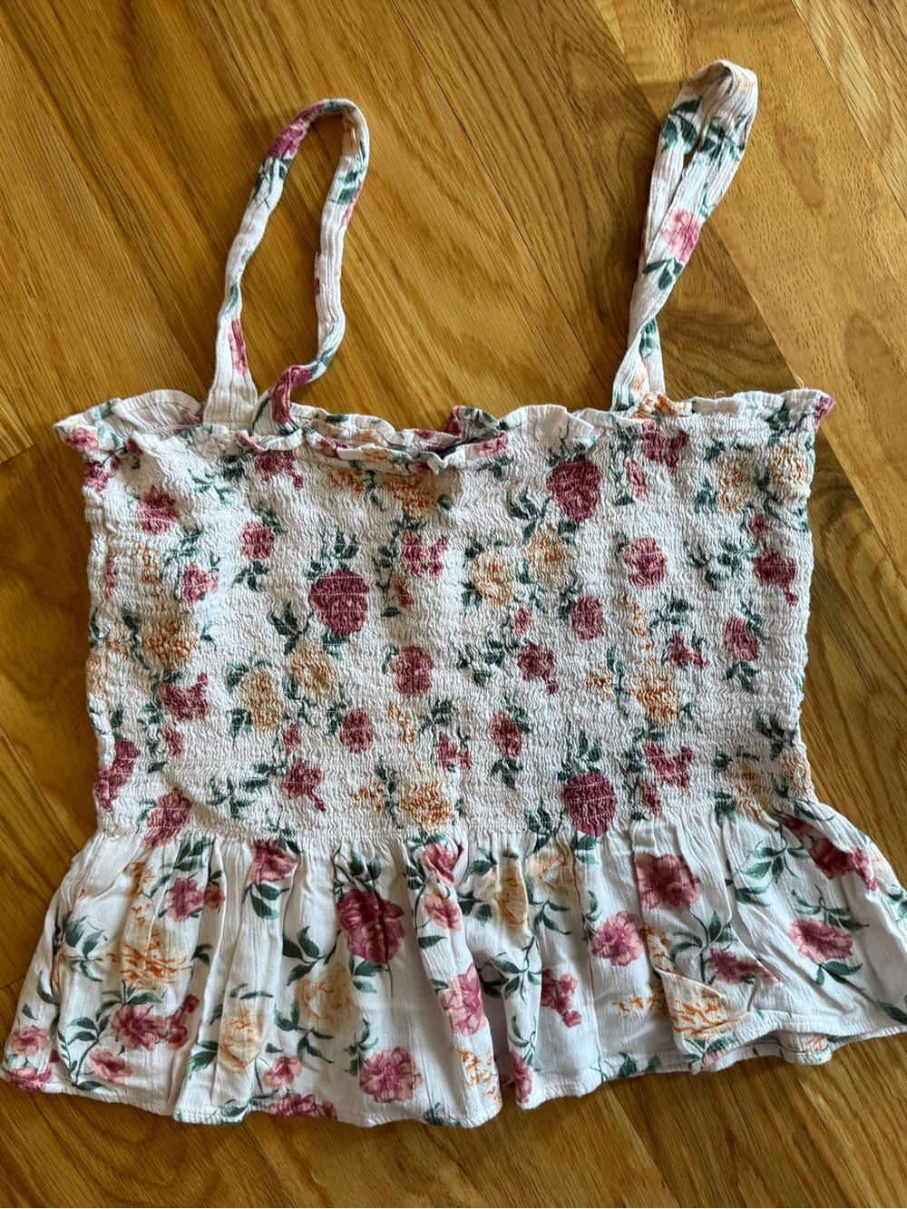 Floral Smocked Ruffle Cami Tank Top - White/Pink